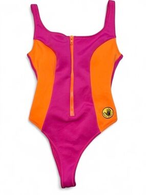 Body Glove 80s Throwback One Piece Swimsuit Neon Hot Pink Orange Contrast Stitch